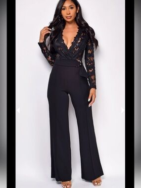 Emprada Milani Black Long Sleeve Lace Crochet Jumpsuit